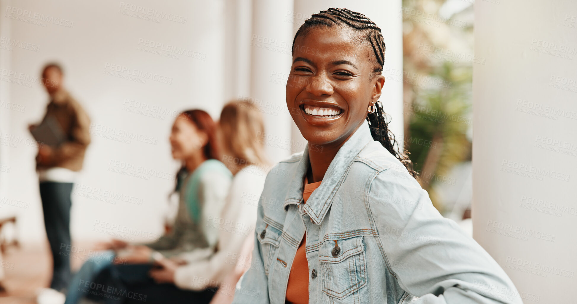 Buy stock photo Portrait, waiting and woman outdoor for hiring, interview or recruitment process for onboarding. Group, queue and candidate with confidence for opportunity, job vacancy or meeting for creative agency