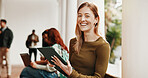 Portrait, waiting and woman with tablet for hiring, interview or recruitment process for onboarding. Smile, queue and candidate with tech for opportunity, job vacancy or meeting for creative agency