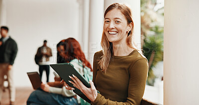 Buy stock photo Portrait, waiting and woman with tablet for hiring, interview or recruitment process for onboarding. Smile, queue and candidate with tech for opportunity, job vacancy or meeting for creative agency