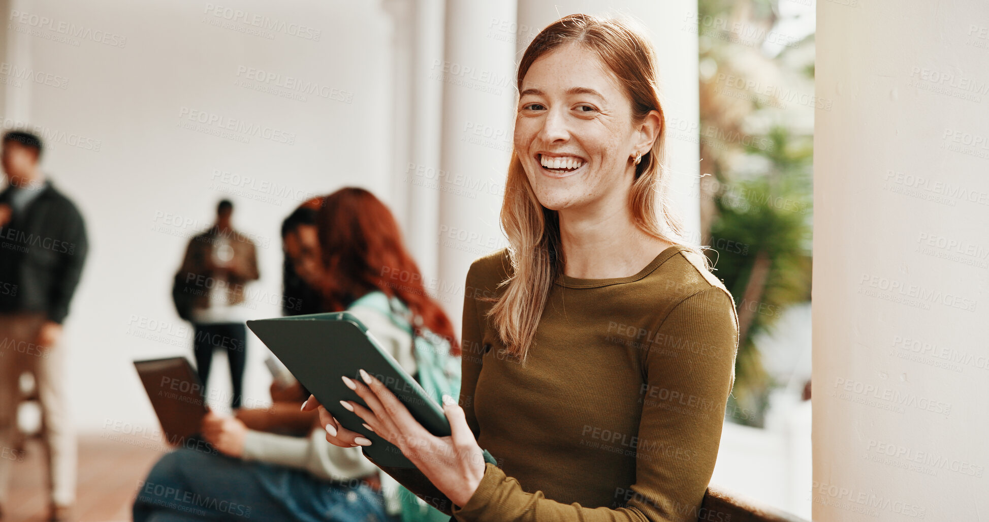 Buy stock photo Portrait, waiting and woman with tablet for hiring, interview or recruitment process for onboarding. Smile, queue and candidate with tech for opportunity, job vacancy or meeting for creative agency