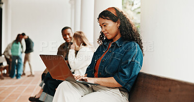 Buy stock photo Typing, waiting and woman with laptop for recruitment, interview or hiring process for onboarding. Smile, queue and candidate with tech for opportunity, job vacancy or meeting for creative agency