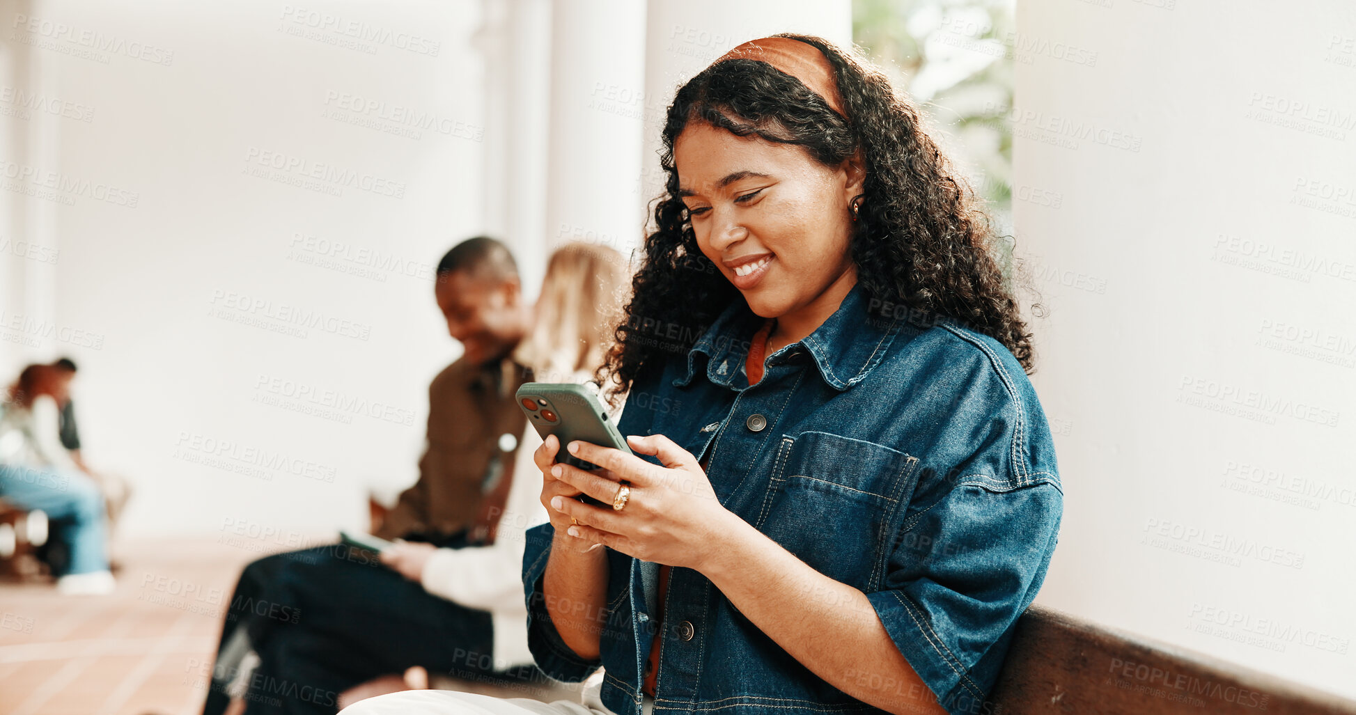 Buy stock photo Happy, student and woman at college with phone, social media or check registration status on website. Person, smile and browsing on campus with tech, app and online enrollment on university portal.