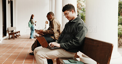 Buy stock photo Typing, waiting and man with laptop for hiring, interview or recruitment process for onboarding. Smile, queue and candidate with tech for opportunity, job vacancy or meeting for creative agency
