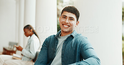 Buy stock photo Portrait, waiting and man outdoor for hiring, interview or recruitment process for onboarding. Smile, queue and candidate with confidence for opportunity, job vacancy or meeting for creative agency