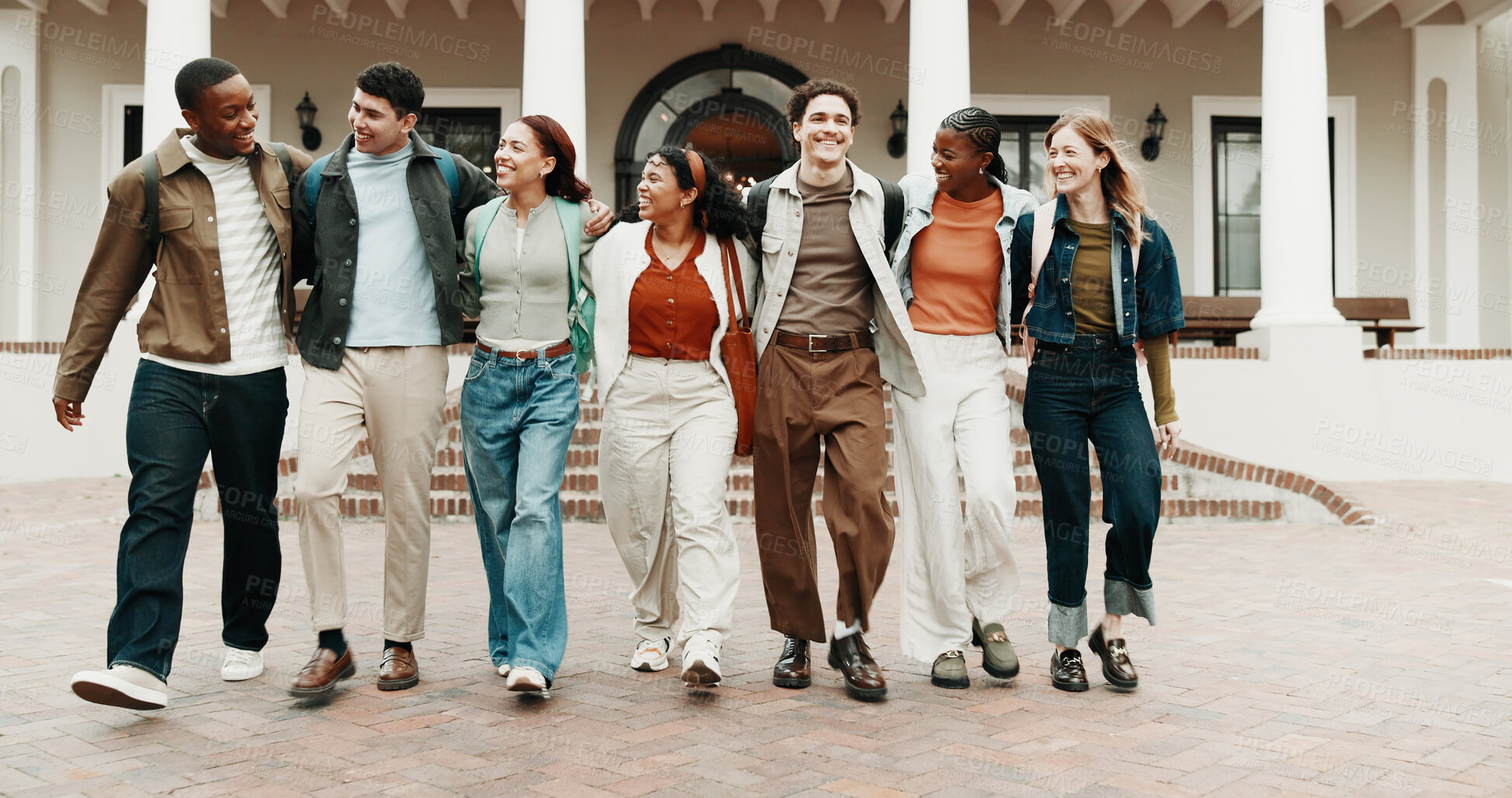 Buy stock photo Friends, students and walk at university with smile, exchange program and scholarship for education. Happy, people and study group at campus with classmates, start semester and learning for knowledge
