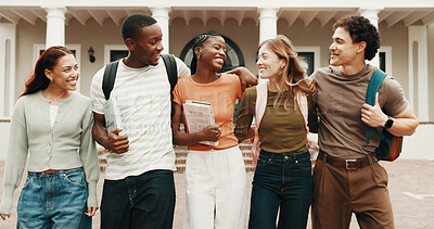 Buy stock photo Happy, friends and student walking in university for academic break, recess or bonding together. People, group or learners with smile for finished semester, class completion or done project on campus