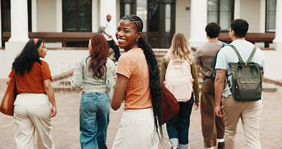 Buy stock photo Walk, girl and happy at university for education, semester start and excited for study opportunity. Bag, student and smile portrait outdoor for college first day, academic mission or ready for course