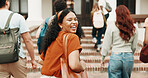 Walk, girl and laugh at university for education, semester start and excited for study opportunity. Bag, student and happy portrait outdoor for campus first day, academic mission or ready for college