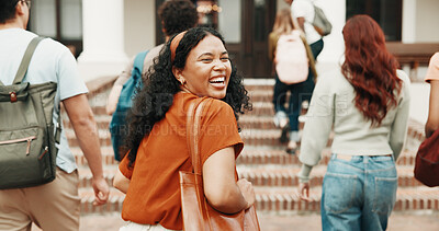 Buy stock photo Walk, girl and laugh at university for education, semester start and excited for study opportunity. Bag, student and happy portrait outdoor for campus first day, academic mission or ready for college