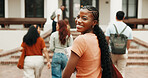 Walk, girl and book at college for education degree, new semester and happy for study opportunity. Mission, student and smile in portrait for campus first day, university arrival and ready for course