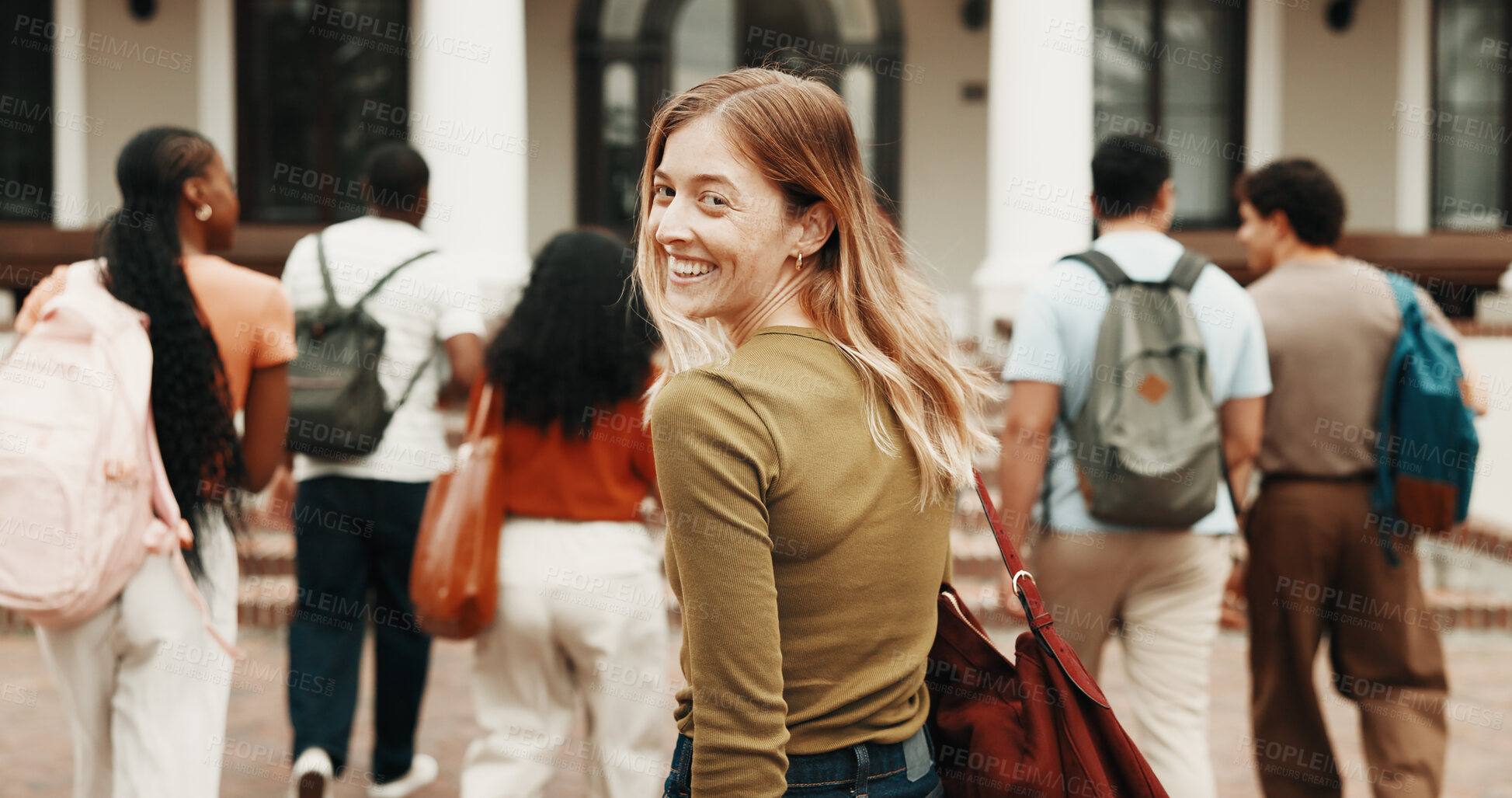 Buy stock photo Walk, girl and portrait at college for education degree, new semester or happy for study opportunity. Mission, student and smile with bag for campus first day, university arrival and academic journey