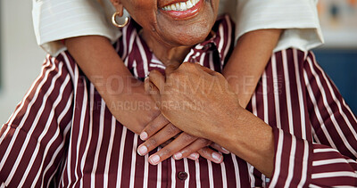 Buy stock photo Love, old mother and woman in home with holding hands, safety and bonding in happy relationship. Smile, senior parent and adult daughter with support, quality time and family security with connection