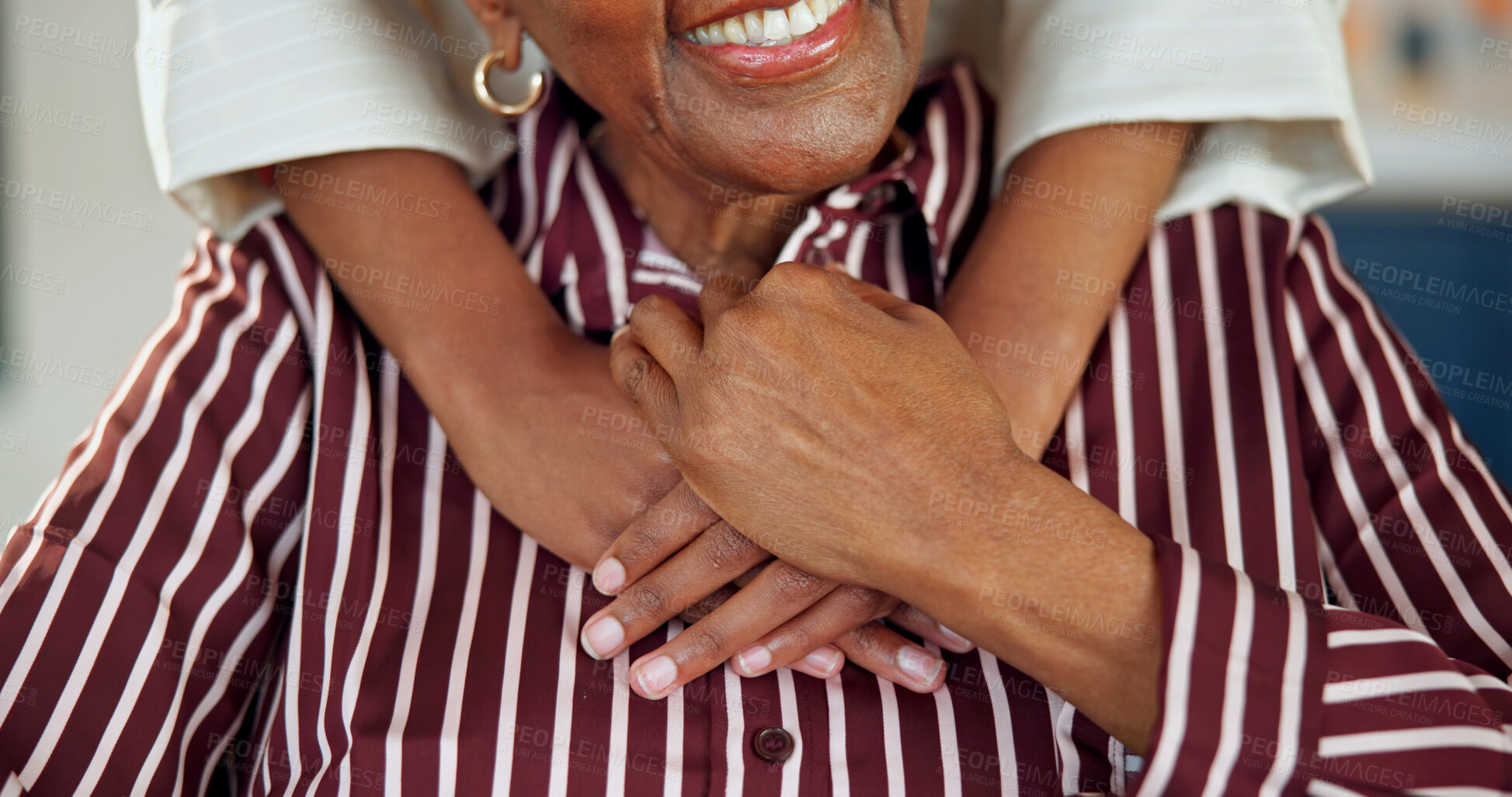 Buy stock photo Love, old mother and woman in home with holding hands, safety and bonding in happy relationship. Smile, senior parent and adult daughter with support, quality time and family security with connection
