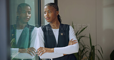 Buy stock photo Thinking, nurse and woman with arms crossed for healthcare decision, wellness or thoughts by window. Reflection, black person and medical worker with vision, confidence and mindset at hospital