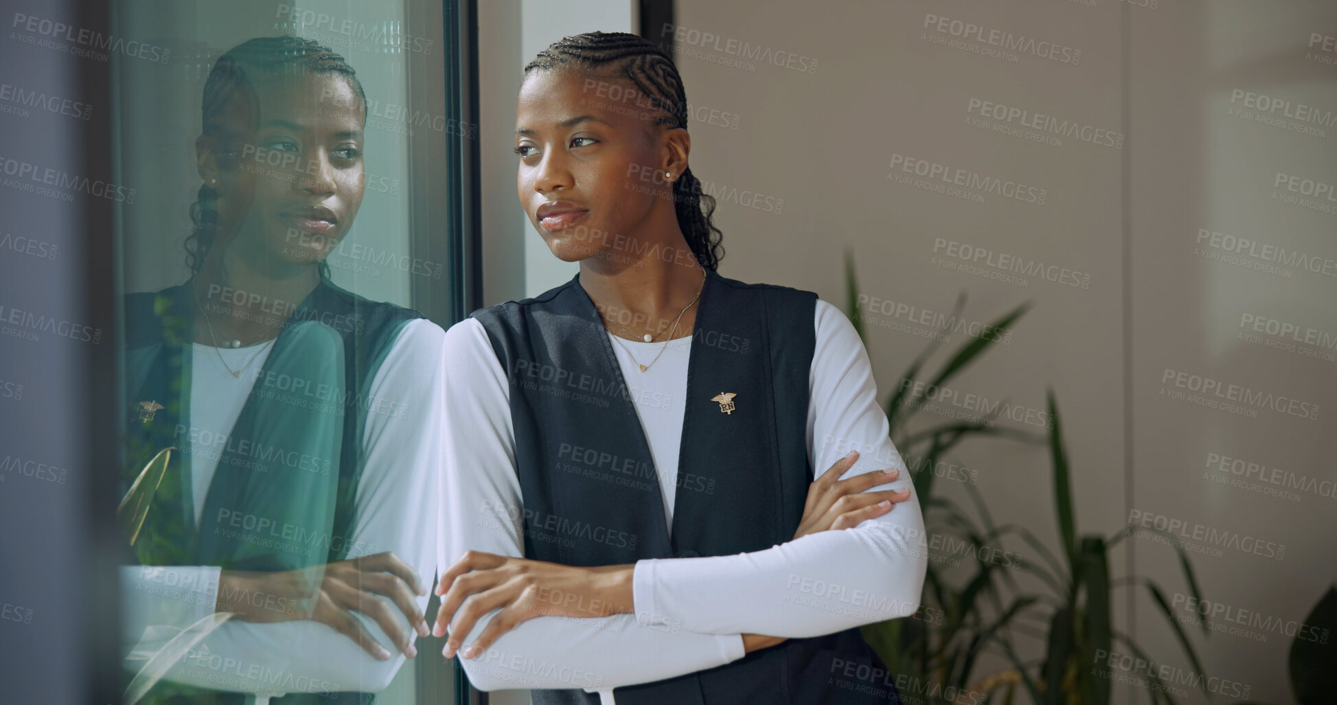 Buy stock photo Thinking, nurse and woman with arms crossed for healthcare decision, wellness or thoughts by window. Reflection, black person and medical worker with vision, confidence and mindset at hospital
