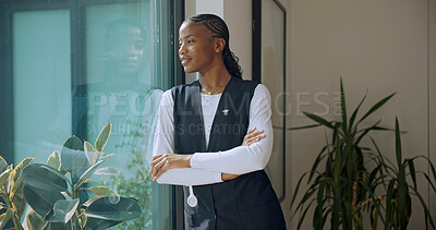 Buy stock photo Thinking, nurse and woman with arms crossed for medical decision, wellness or thoughts by window. Reflection, happy black person or caregiver with healthcare vision, confidence or mindset in homecare
