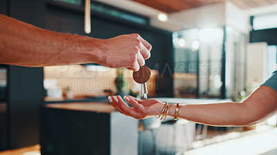 Buy stock photo Hands, key and landlord in new house with tenant, property investment or rental agreement with owner. People, keychain handover and moving in apartment with housing agent, relocation and real estate