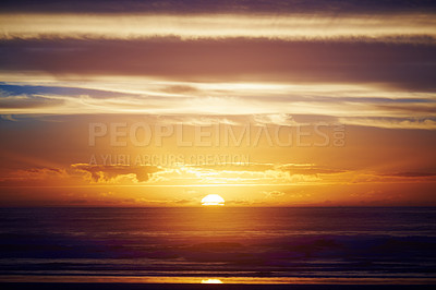 Buy stock photo Landscape, ocean and sky with sunset outdoor for summer, holiday and seascape in nature. Horizon, environment and sunshine for sea, destination and water scenery for weekend break and travel or trip