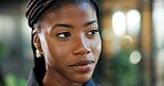 Black woman, business and thinking for creative inspiration, insight and future in profession. Space, bokeh and female employee with ideas, reflection or vision for career opportunity and workplace