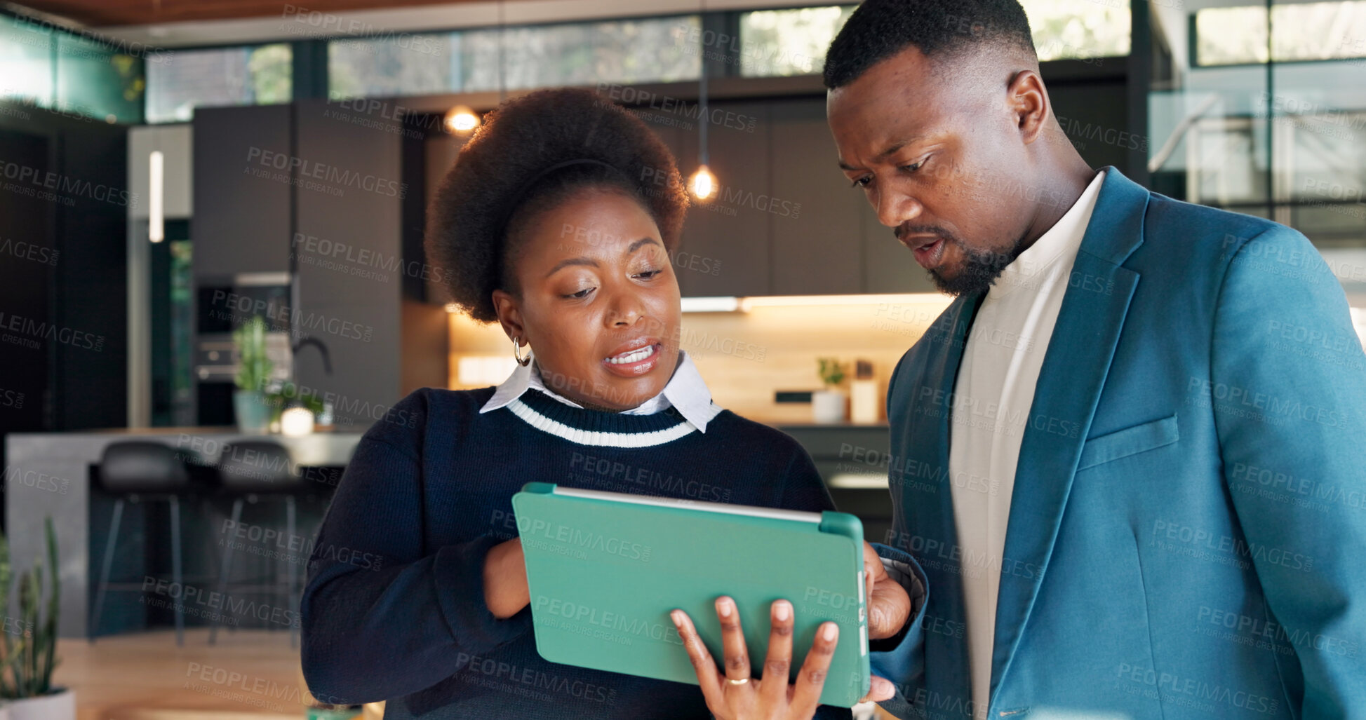 Buy stock photo Event management, tablet and teamwork with black people in venue for seating plan discussion. App, coordination and experience design with partners talking in hosting area or lobby for final decision
