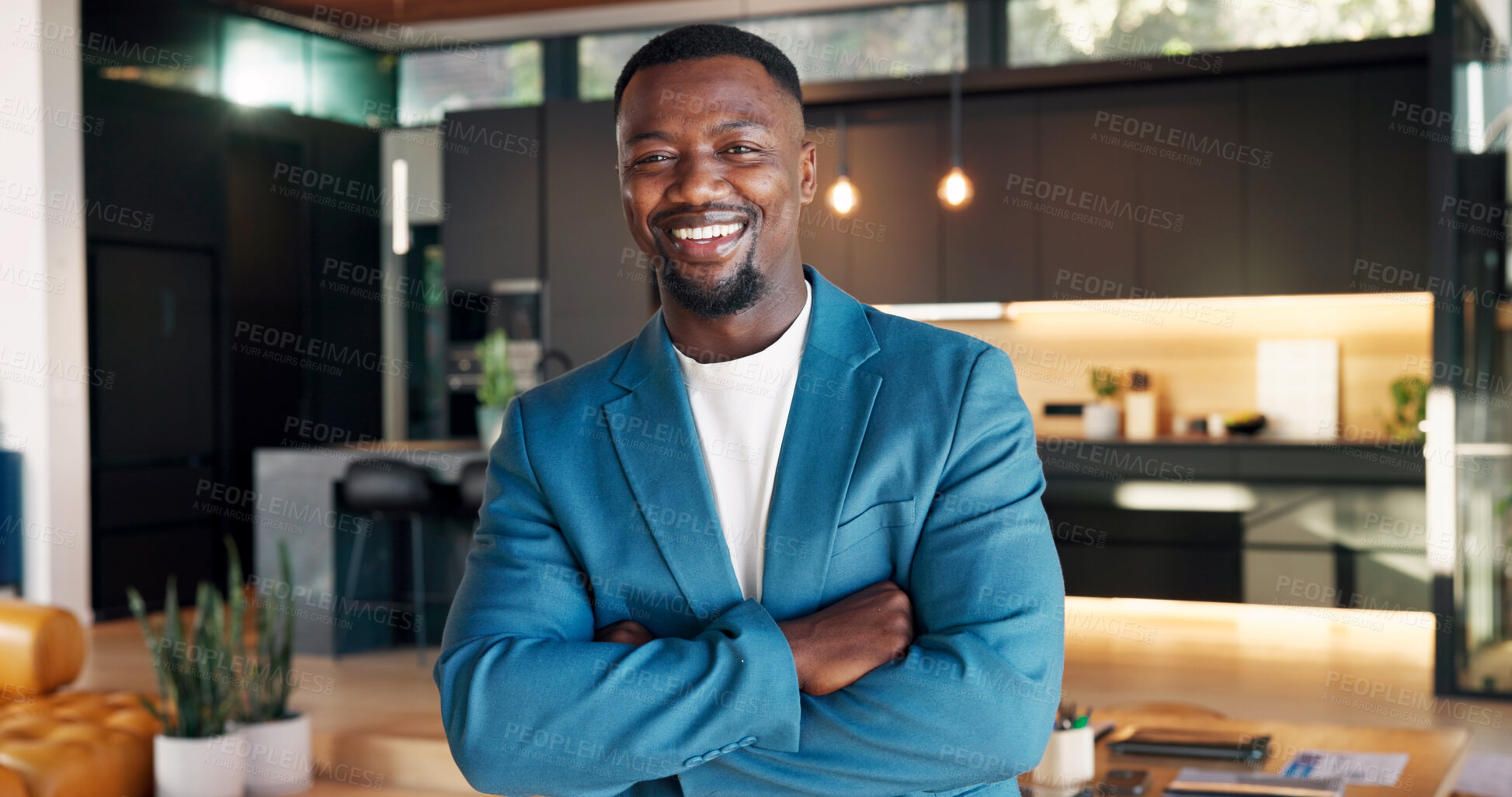 Buy stock photo Property, portrait and realtor with arms crossed, home consultant and pride as listing agent. Happy, broker and black man with confidence, housing investor and about us in real estate industry.