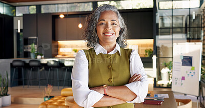Buy stock photo Portrait, smile or interior designer in house with arms crossed, decor stylist or pride as architect. Happy, confidence or mature woman with service, spatial planner or about us in home improvement.