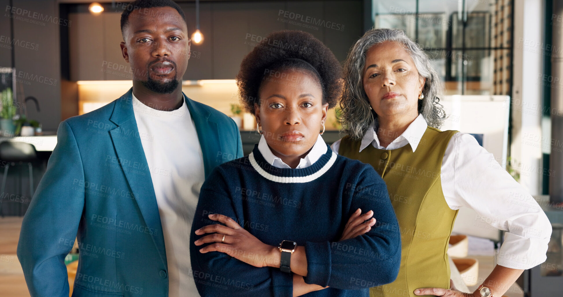 Buy stock photo Interior design, serious or team in house with portrait, confidence or about us as architect group. Ambition, people and spatial planner with arms crossed, collaboration and pride in home improvement