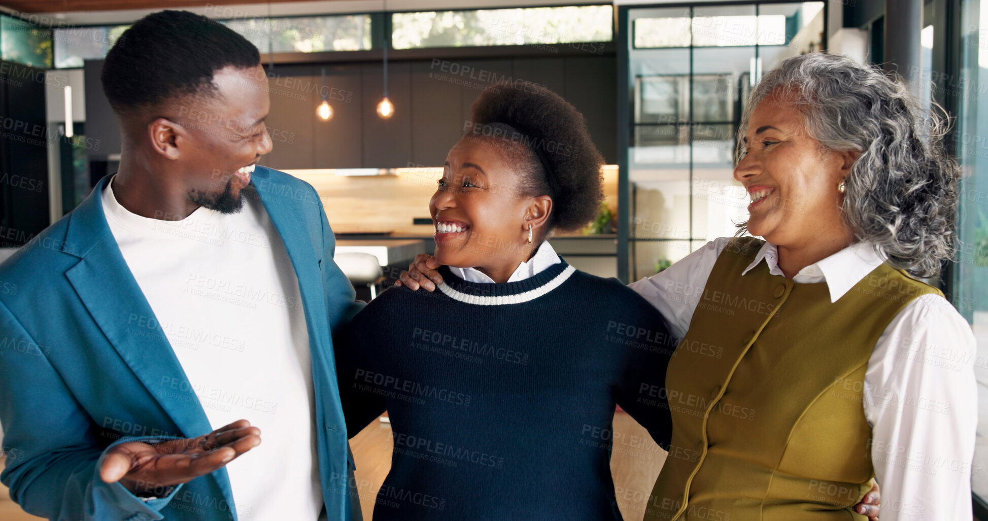 Buy stock photo People, team or excited in startup for partnership, achievement or community growth project. Entrepreneur group, hug or together in npo for small business development and happy for NGO collaboration