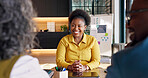 Financial advisor, consultation and smile with people in house, meeting and discussion with clients. Wealth management, happy woman and consultant with tech, advice or investment opportunity in home
