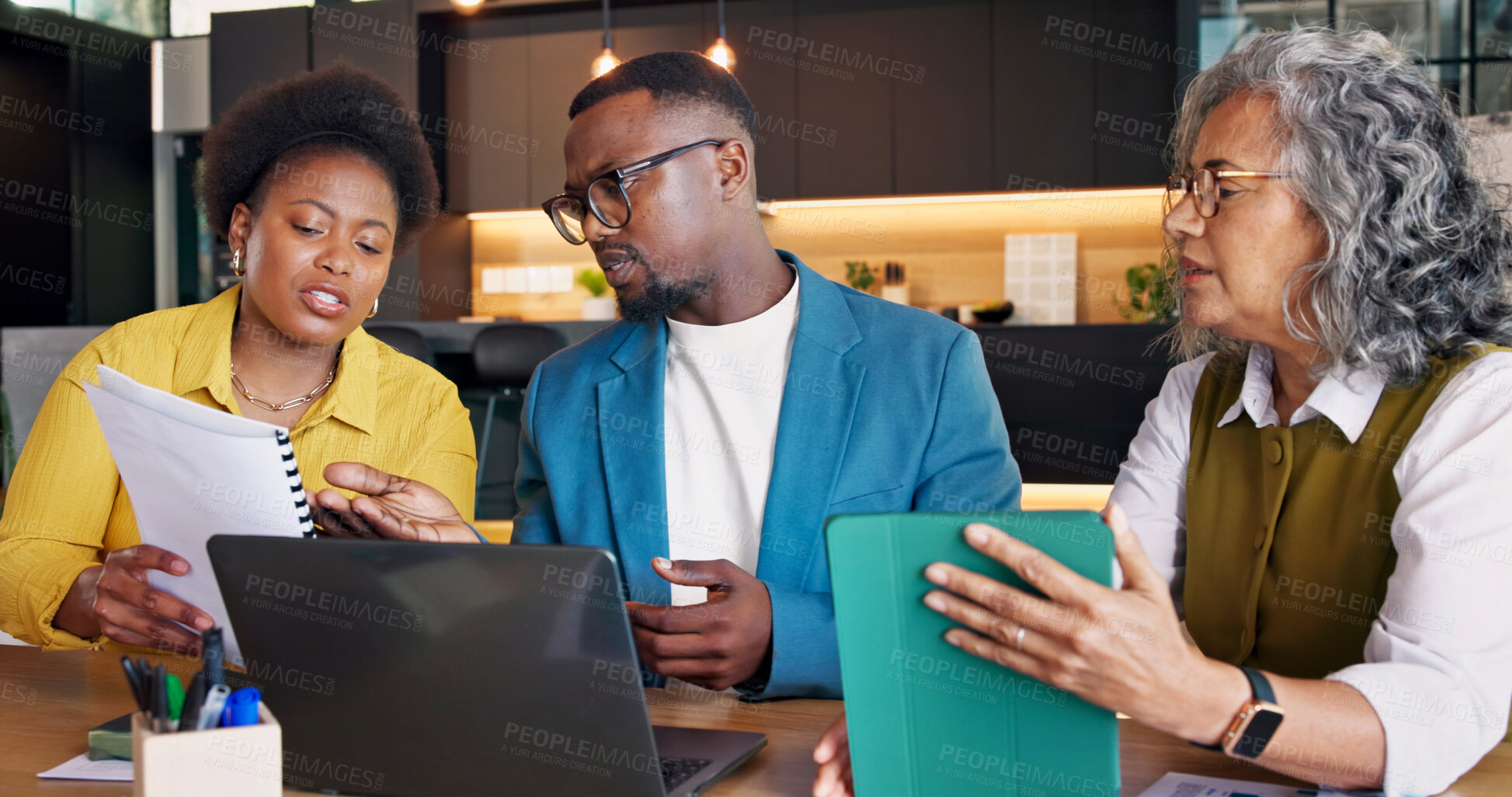 Buy stock photo Real estate, discussion and team with document, home valuation or listing review in market analysis. People, tablet or realtor with laptop, investment evaluation or feedback on property advertisement