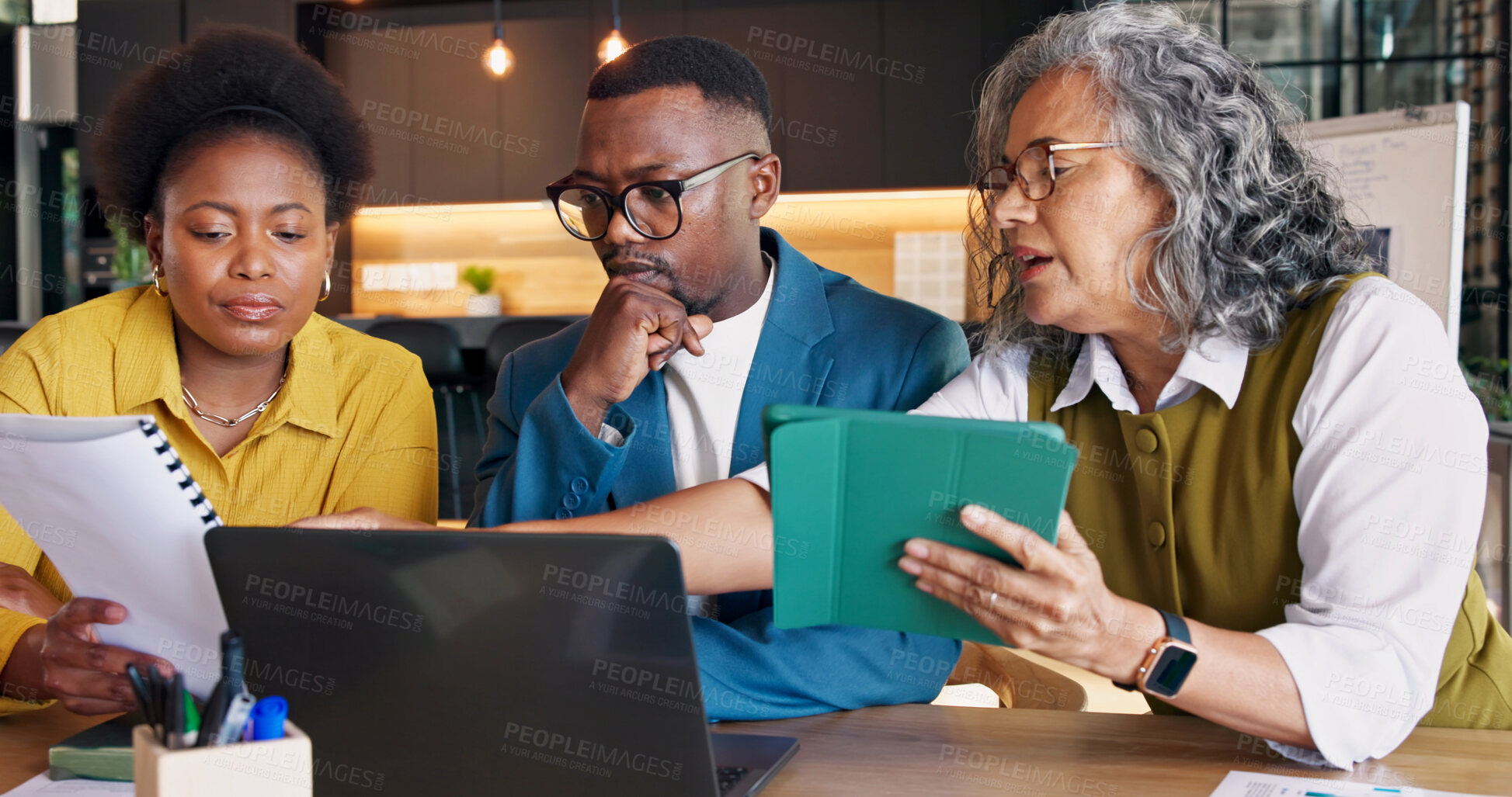 Buy stock photo Document, tablet or business people with discussion, team solution or listing review for real estate. Tech, paperwork and planning with realtor for house appraisal, property value and office meeting