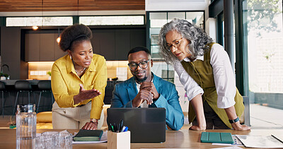 Buy stock photo Real estate, review and team with laptop, home valuation and listing feedback in market analysis People, meeting and realtor with tech, investment evaluation and discussion on property advertisement.