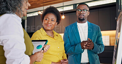 Buy stock photo Speaker, chart and team with business people in office for tablet, web traffic review and planning. Seo performance metric, data feedback and meeting with employees in agency for workshop