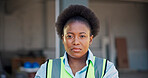 Serious, woman and engineer at construction site with portrait, renovation and property development. Confident, black person and contractor with civil engineering project, experience and about us.