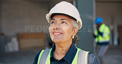 Buy stock photo Engineer, thinking and woman with smile on construction site for inspection, planning or renovation. Surveyor, ideas and happy mature person for property development, building project or remodeling