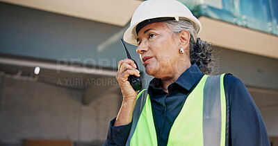 Buy stock photo Engineer, radio and woman with talk on construction site for inspection, planning or renovation. Surveyor, communication and mature person for property development, building project or remodeling