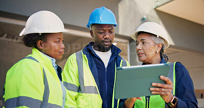 Buy stock photo Manager, engineer and talk at construction site with tablet, plan or explain project to technician. Supervisor, people and discussion in building with tech, engineering or instruction for electrician