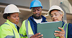 Engineer, team and talk at construction site with tablet, review design and planning with technician. Supervisor, people and discussion in building with tech, engineering or briefing for electrician.