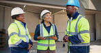 Engineer, people and talk at construction site with tablet, technician or happy with property design. Supervisor, engineering team and discussion outdoor with tech, electrician or renovation project.
