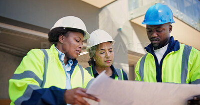 Buy stock photo Engineer, discussion and team with blueprint, construction and plan for renovation project or ideas. Civil engineering, low angle and people with paperwork, reading and info for property development