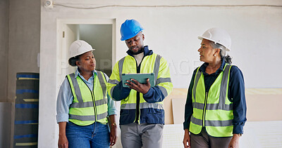 Buy stock photo Manager, engineer and talk at building site with tablet, project or technician with electrical plan. Supervisor, people and construction with tech, engineering discussion and electrician check design