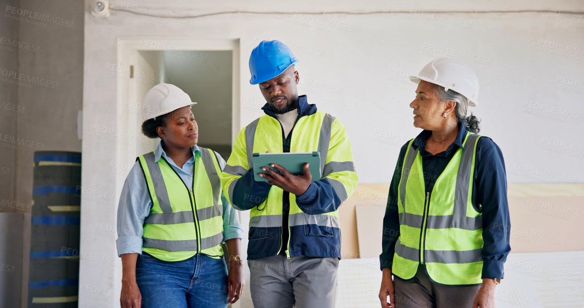 Buy stock photo Manager, engineer and talk at building site with tablet, project or technician with electrical plan. Supervisor, people and construction with tech, engineering discussion and electrician check design
