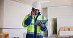 Engineer, tablet and black man with phone call and inspection for building, planning or renovation. Supervisor, person and tech for chat with property development, construction site or remodeling