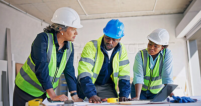 Buy stock photo Engineer, team and talk at building site with blueprint, technician and layout for electrical plan. Supervisor, people and discussion with engineering design for electrician, construction and review.