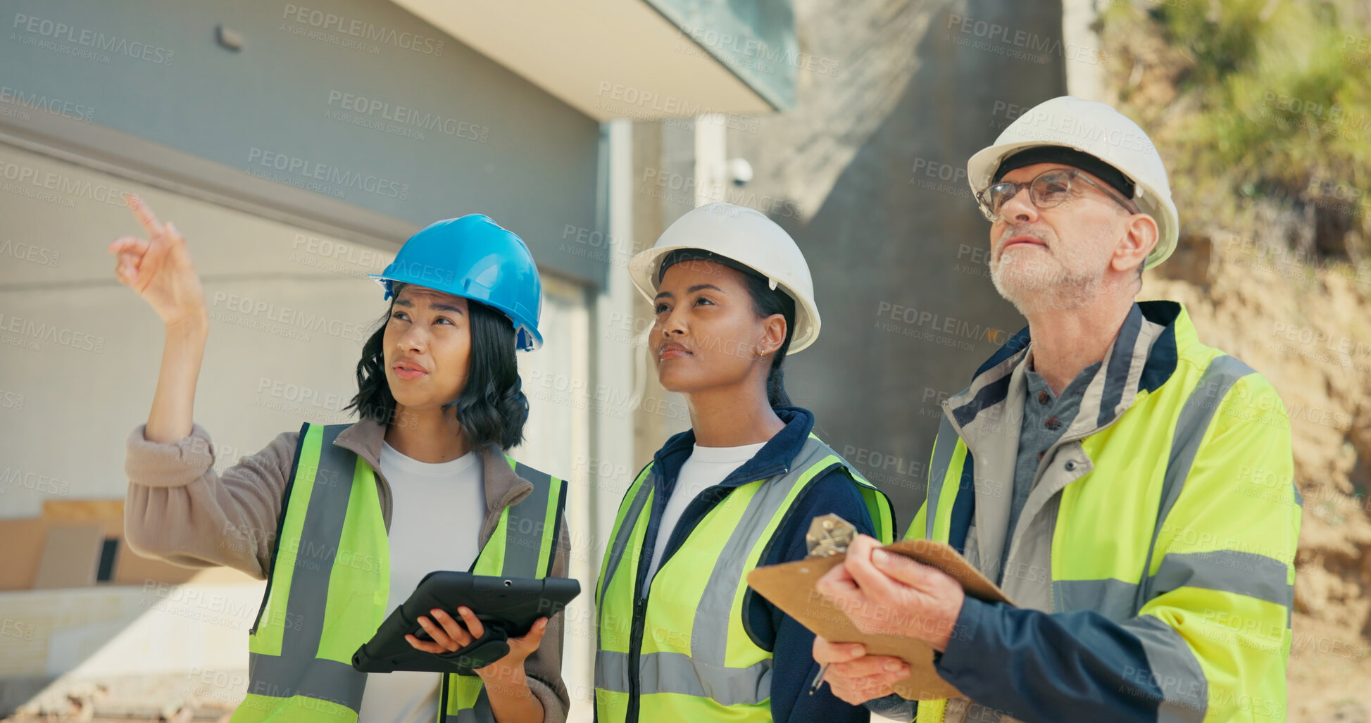 Buy stock photo Construction, team and planning with building inspection checklist, tablet or load calibration. People, engineer and talk with electrician, site or point outdoor for electrical system maintenance