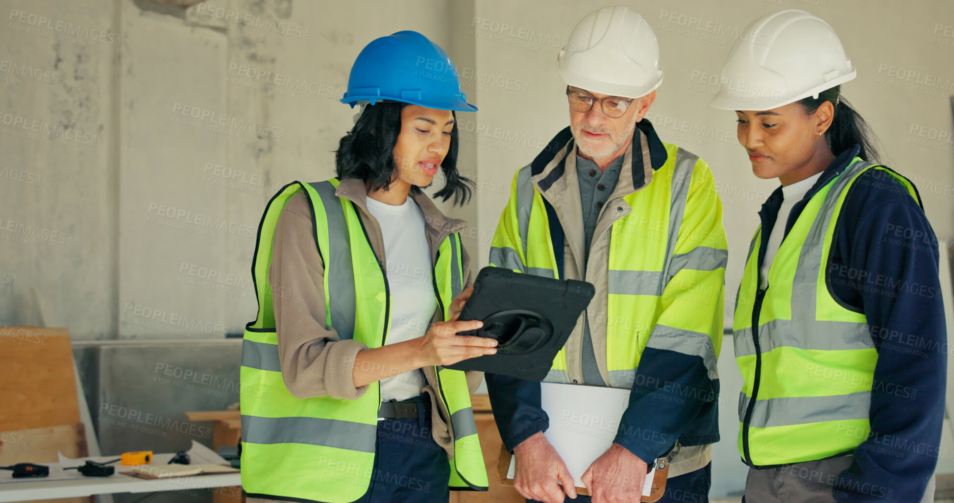 Buy stock photo Construction, team or problem solving with tablet at site for building, feedback or load evaluation. People, engineer or planning with electrician for maintenance, tech or electrical system review