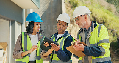 Buy stock photo Construction, team or problem solving with tablet for building, clipboard writing or load evaluation. People, engineer or plan with electrician at site outdoor, tech or electrical system maintenance