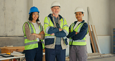 Buy stock photo Engineer, portrait and team with arms crossed in building, ambition or solidarity for career growth. Civil engineering, construction site and happy people with pride, architecture and collaboration