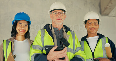 Buy stock photo Engineer, solidarity and team with tablet in building, portrait or confident for career development. Civil engineering, construction site and happy people with tech, architecture and collaboration