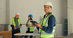 Smile, engineer or woman with tablet at construction site for development, quality control or leader. Portrait, civil engineering and happy person with tech for building design with team supervisor